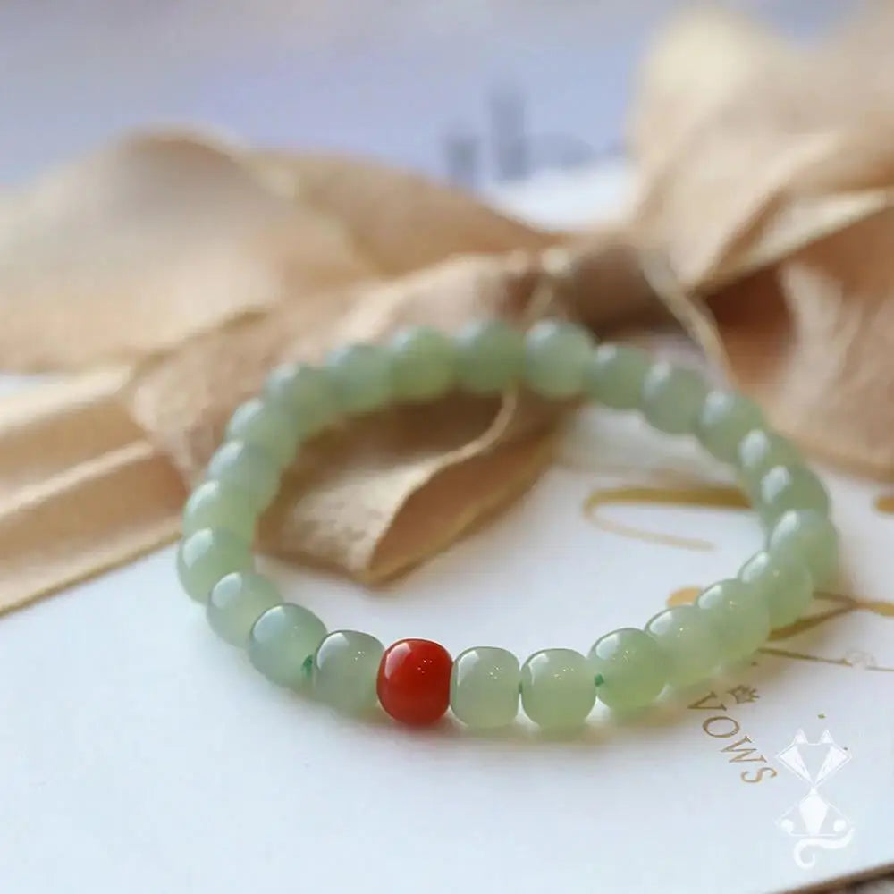 Vintage Natural Hetian Jade Bead Charm Bracelet with Red Agate