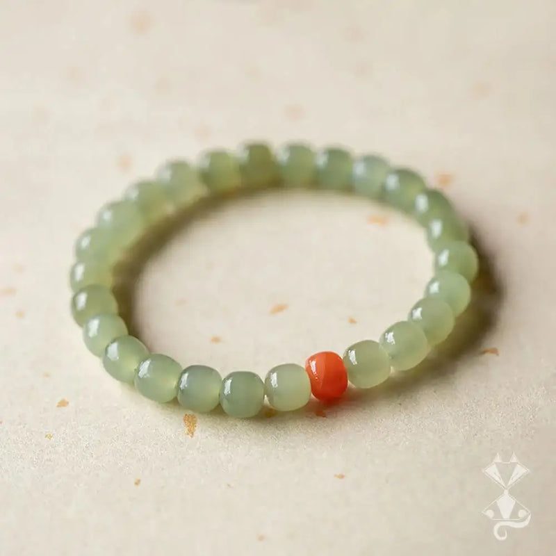 Vintage Natural Hetian Jade Bead Charm Bracelet with Red Agate