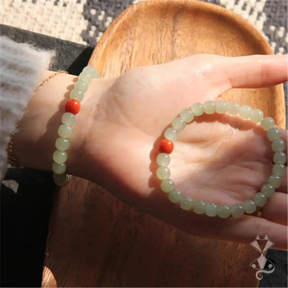 Vintage Natural Hetian Jade Bead Charm Bracelet with Red Agate