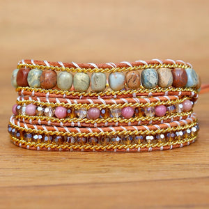 Vintage Agalmatolite Stone Beads Chain Leather Bracelet Jewelry