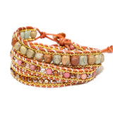 Vintage Agalmatolite Stone Beads Chain Leather Bracelet Jewelry