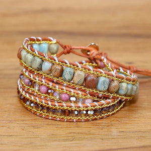 Vintage Agalmatolite Stone Beads Chain Leather Bracelet Jewelry