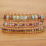 Vintage Agalmatolite Stone Beads Chain Leather Bracelet Jewelry