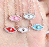 Dainty Enamel Evil Eye Pendant Necklace Real S925 CZ Set Various Colors