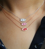 Dainty Enamel Evil Eye Pendant Necklace Real S925 CZ Set Various Colors