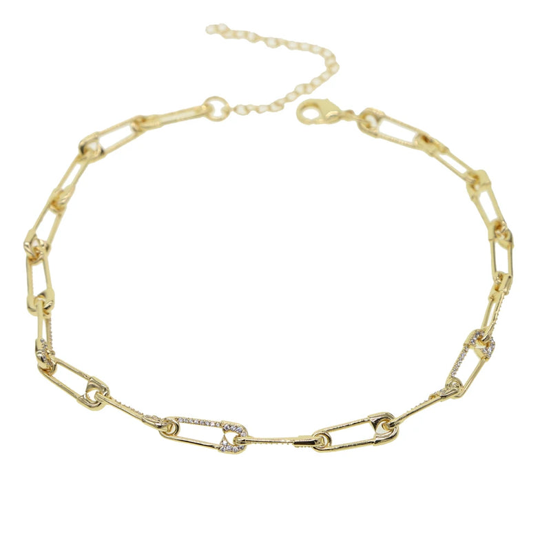 Micro Pave Cz Safety Pin Link Chain Choker Necklace for Wedding