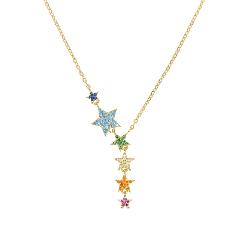 Colorful Cz Rainbow Star Link Chain Choker Y Charm Necklace