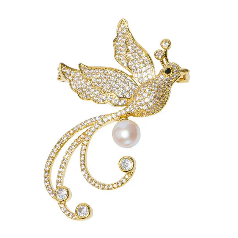Vintage Cubic Zircon Freshwater Pearl Phoenix Brooches