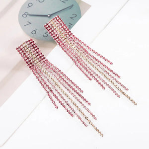 Pink Tassel Drop Earrings with Crystal Rhinestone Dangle