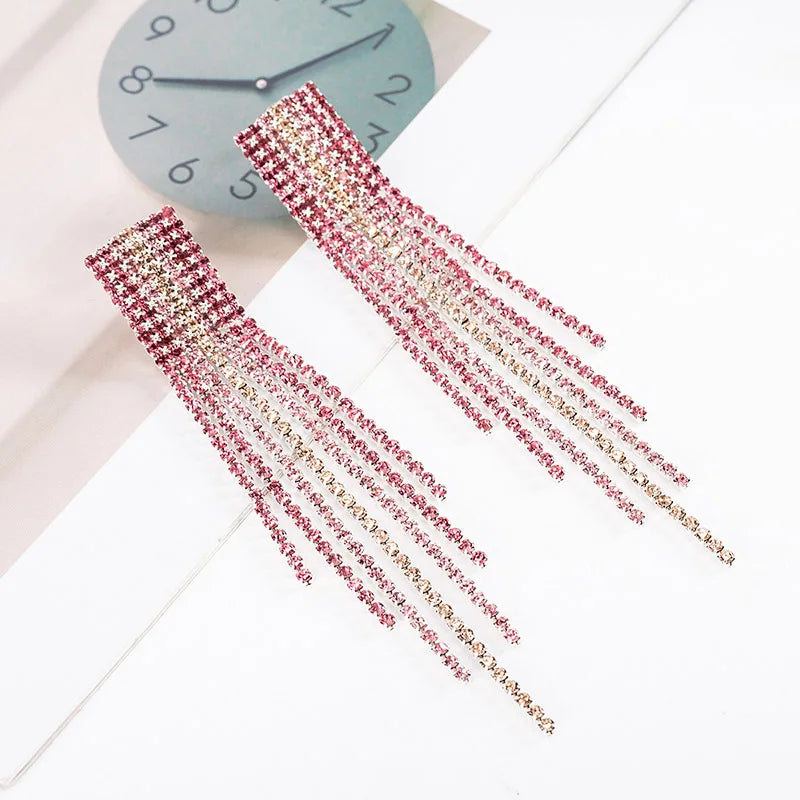 Pink Tassel Drop Earrings with Crystal Rhinestone Dangle