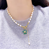 Green Flower Pearl Bead Necklace Heart Pendant Charm Jewelry