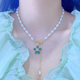 Green Flower Pearl Bead Necklace Heart Pendant Charm Jewelry