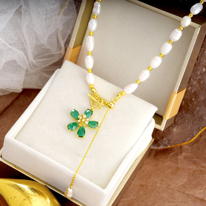 Green Flower Pearl Bead Necklace Heart Pendant Charm Jewelry