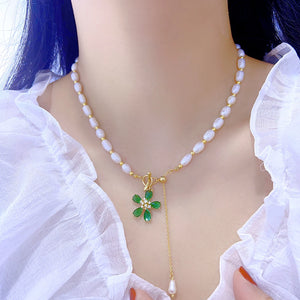 Green Flower Pearl Bead Necklace Heart Pendant Charm Jewelry