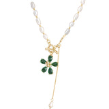Green Flower Pearl Bead Necklace Heart Pendant Charm Jewelry