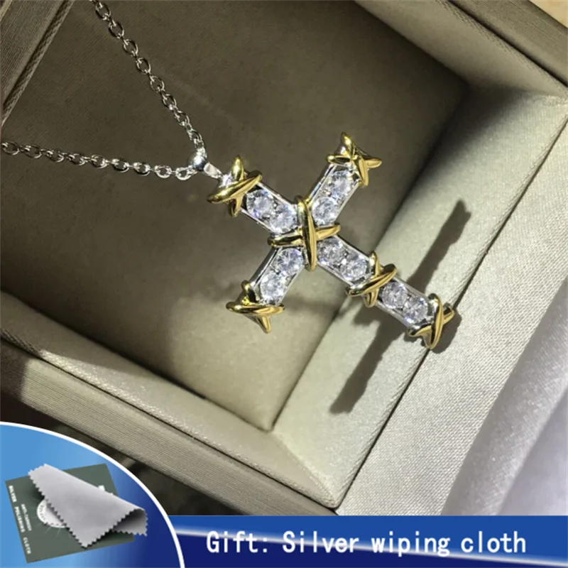 925 Silver Cross Necklace 18K Plated with Zircon Pop Party Gift