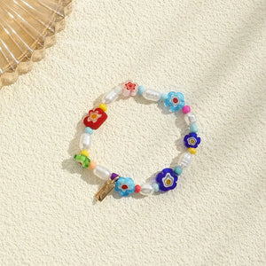 Glass Flower Beaded Bracelet with Freshwater Pearl