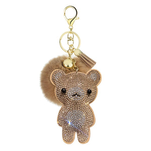 Velvet Rhinestone Bear Fur Ball Key Ring Pendant Pompon Bag Hanging