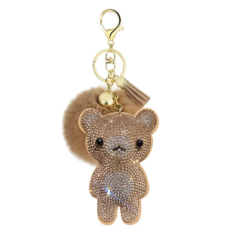 Velvet Rhinestone Bear Fur Ball Key Ring Pendant Pompon Bag Hanging