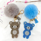 Velvet Rhinestone Bear Fur Ball Key Ring Pendant Pompon Bag Hanging