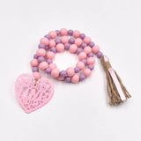 Hemp Rope Tassel Beads Pink Love Pattern Home Decor Wooden Beads