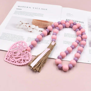Hemp Rope Tassel Beads Pink Love Pattern Home Decor Wooden Beads