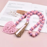 Hemp Rope Tassel Beads Pink Love Pattern Home Decor Wooden Beads