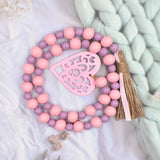 Hemp Rope Tassel Beads Pink Love Pattern Home Decor Wooden Beads