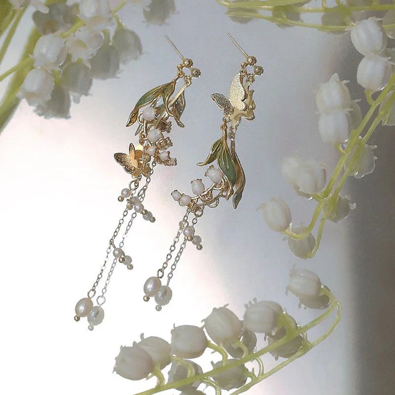 Pearl Tassel Butterfly Flower Earrings