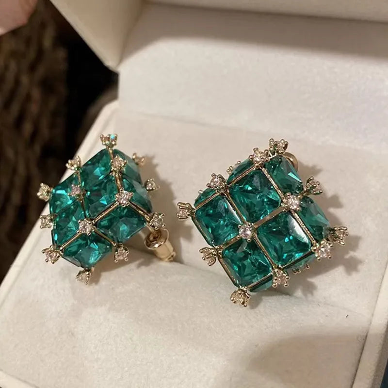Green Gem Vintage Studs Earrings, French Elegance Spain US Jewelry