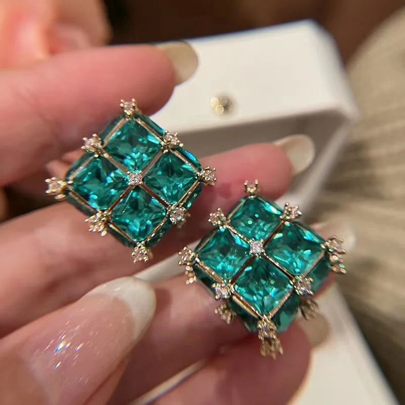 Green Gem Vintage Studs Earrings, French Elegance Spain US Jewelry