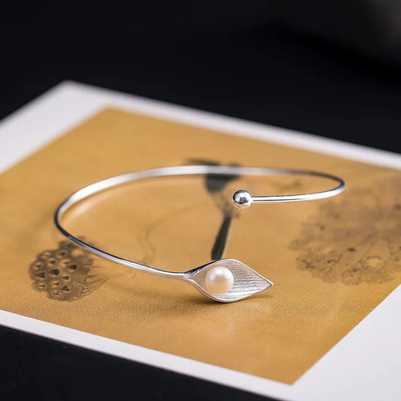 925 Silver Calla Lily Bangle Retro Palace Pearl Bracelet