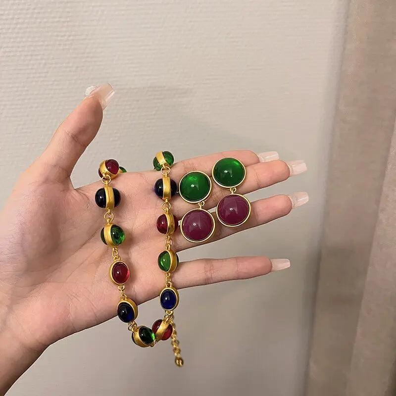 Vintage European & American Glaze Necklace & Earrings Set