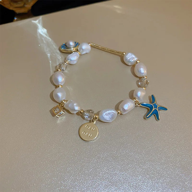 Retro Starfish Shell Alphabet Tag Zircon Bracelet