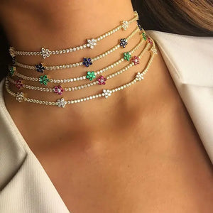 Spring Tennis CZ Choker Flower Charm Colorful Necklace