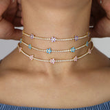 Spring Tennis CZ Choker Flower Charm Colorful Necklace