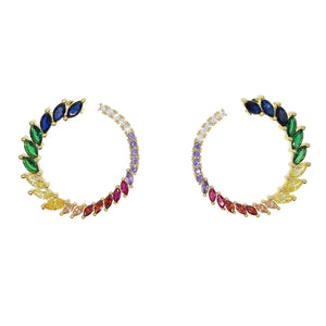 Colorful CZ Paved Rainbow Earring Silver Circle Leaves Bling Sparking CZ Hoops