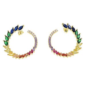 Colorful CZ Paved Rainbow Earring Silver Circle Leaves Bling Sparking CZ Hoops