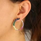 Colorful CZ Paved Rainbow Earring Silver Circle Leaves Bling Sparking CZ Hoops