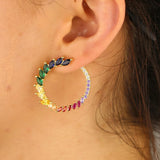 Colorful CZ Paved Rainbow Earring Silver Circle Leaves Bling Sparking CZ Hoops