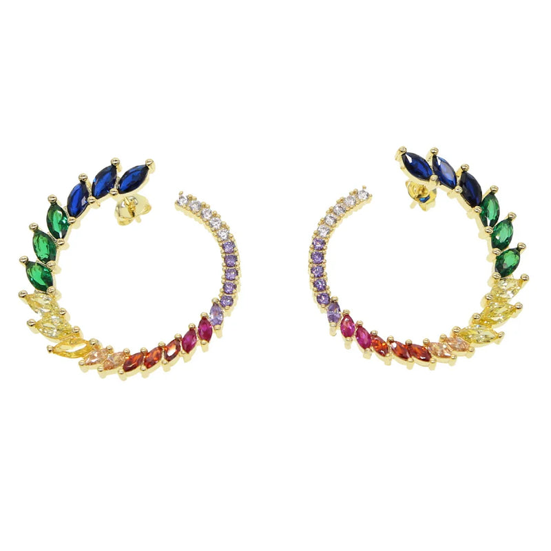 Colorful CZ Paved Rainbow Earring Silver Circle Leaves Bling Sparking CZ Hoops