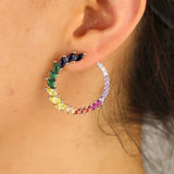 Colorful CZ Paved Rainbow Earring Silver Circle Leaves Bling Sparking CZ Hoops