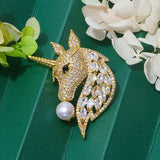 Women's Unicorn Brooch with CZ and Natural Pearl