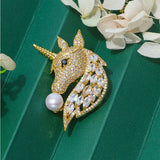 Women's Unicorn Brooch with CZ and Natural Pearl