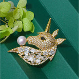 Women's Unicorn Brooch with CZ and Natural Pearl