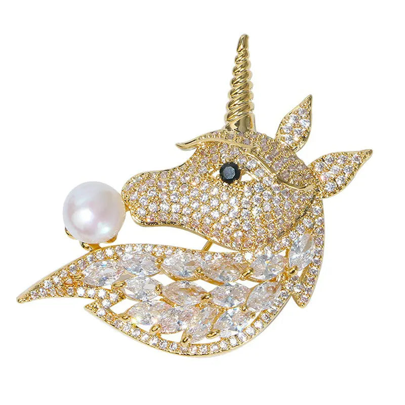 Women's Unicorn Brooch with CZ and Natural Pearl
