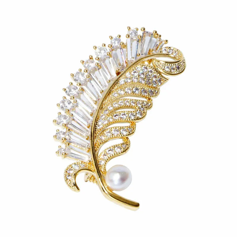 Women's CZ Pearl Feather Brooch Dress Jewelry
