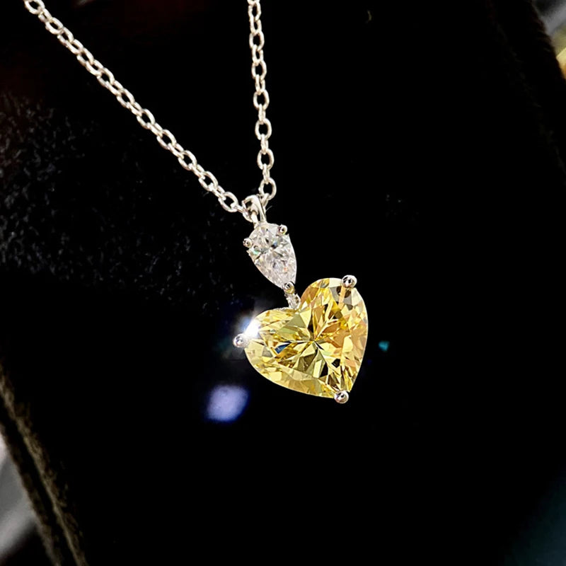 Silver Heart Necklace Chain Yellow Zircon Pink Pendant Short Charms Jewelry