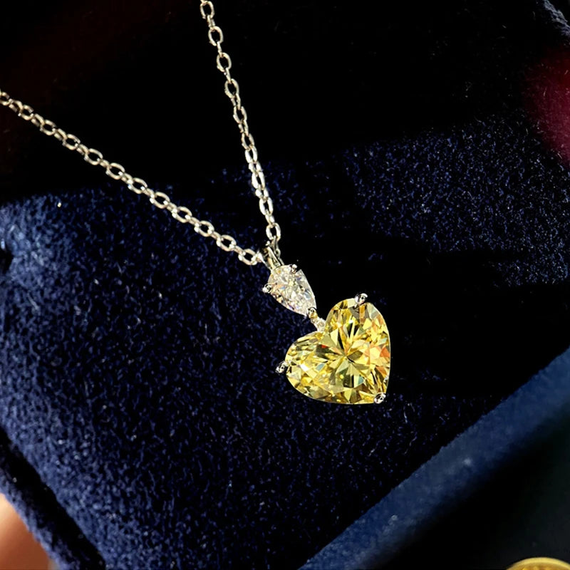 Silver Heart Necklace Chain Yellow Zircon Pink Pendant Short Charms Jewelry