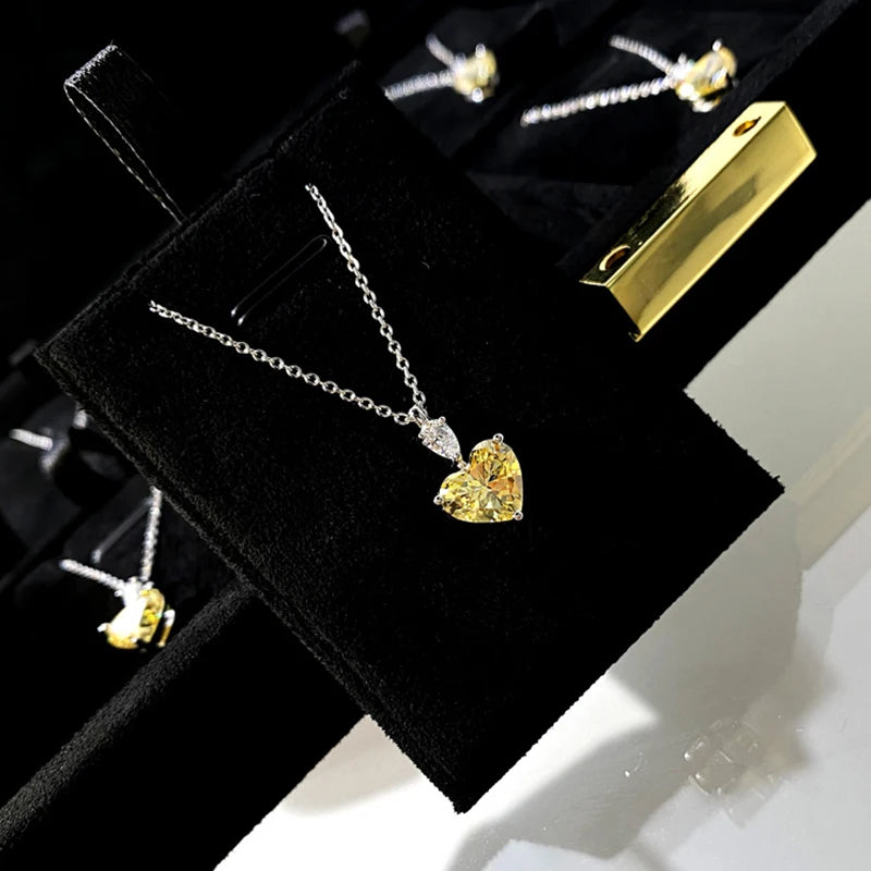 Silver Heart Necklace Chain Yellow Zircon Pink Pendant Short Charms Jewelry